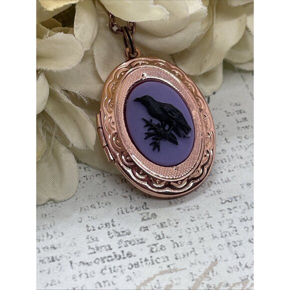 Rose Gold Brass Raven Purple Black Crow Locket Necklace Pendant Gothic Wedding - Picture 4 of 14